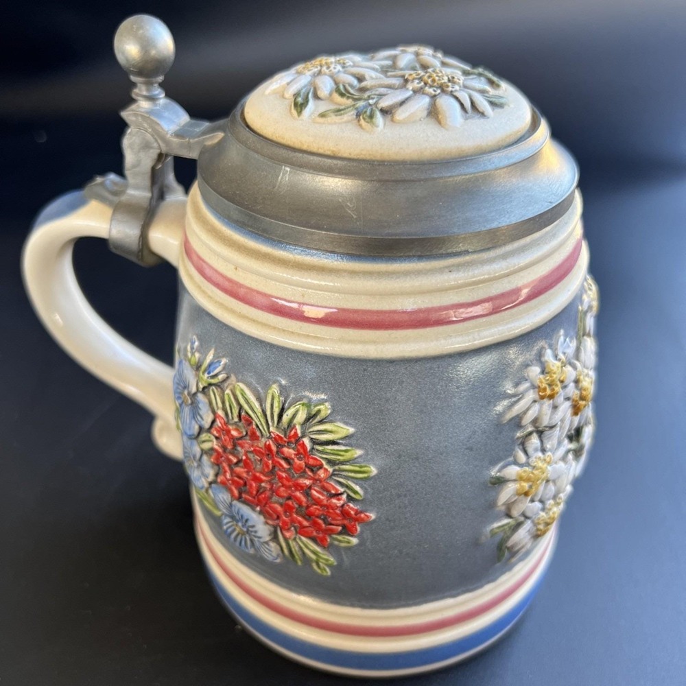 Vintage 1990 Gerz West Germany Lidded Ceramic Beer Stein Edelweiss Flowers